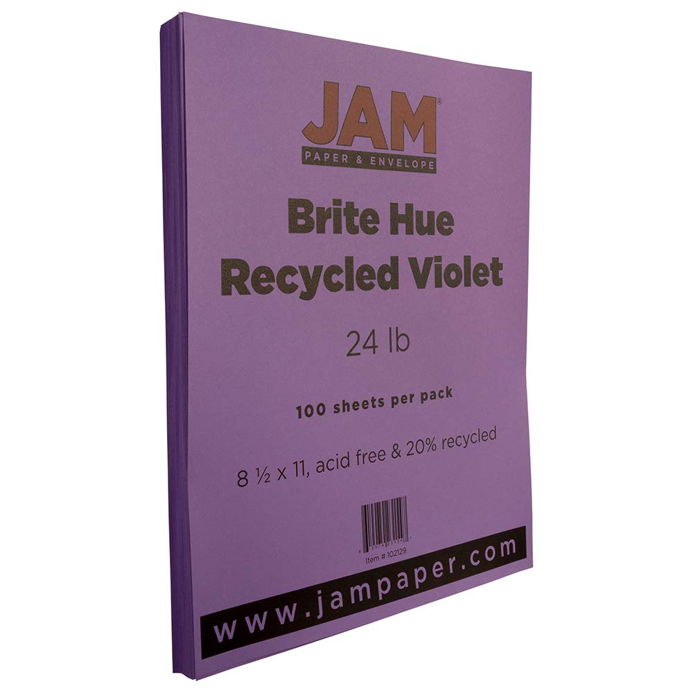 JAM PAPER Papel de color de 25 libras, 90 g/m², 8,5 x 11 pulgadas, color violeta reciclado, 100 hojas por paquete