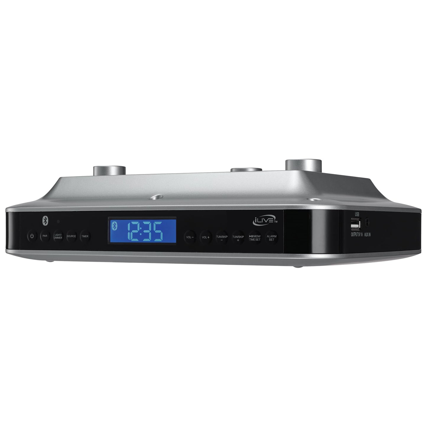 iLive - Sistema de música para debajo del gabinete con altavoces estéreo integrados y radio FM/puerto USB compatible con archivos MP3, puerto auxiliar, Bluetooth, reloj y temporizador con