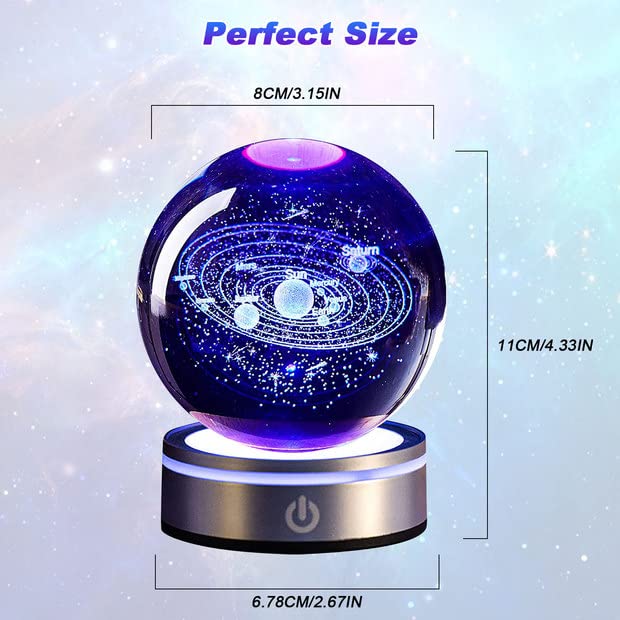 Bola de Cristal 3D, 8cm/3.15inch Sistema Solar Bola de Cristal Planetas Bola de Cristall con Base de la Lámpara del LED, Regalos de Astronomía de Planeta para Niños Adultos Amantes de la Astronomía