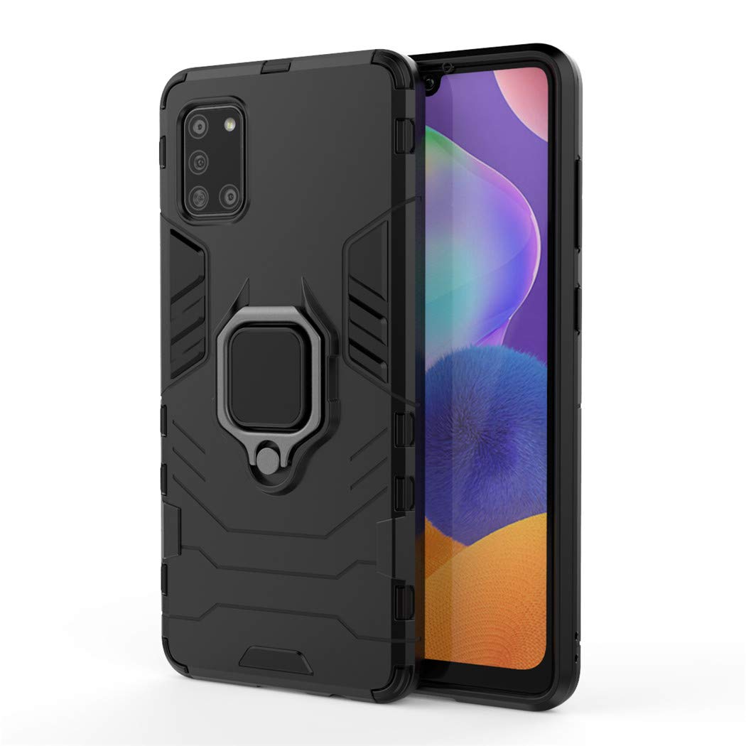 Compatible con Galaxy A31 Funda, Anillo Metálico Sujeción Soporte Antichoque Rígido Caja (Funciona con el Montaje de Coche Magnético) Doble Capa Sólido Case Carcasa para Samsung Galaxy A31 (Negro)