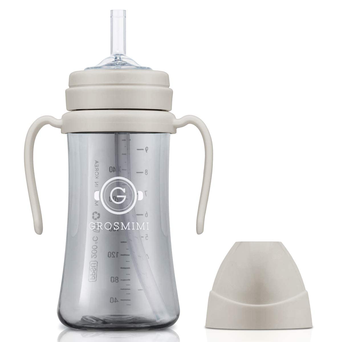 GROSMIMI - Taza de paja para bebé, a prueba de derrames de PPSU con asas giratorias para bebés y niños pequeños de más de 6 meses, pajita de silicona, sin BPA, etapa 1, 10 onzas/300 ml (beige)