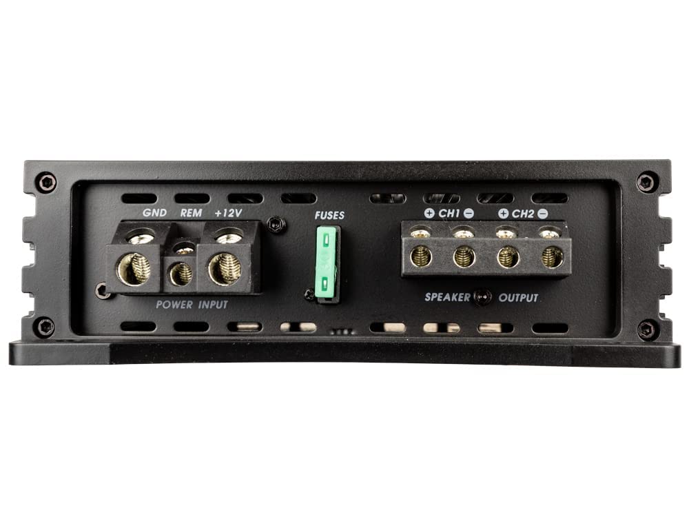 Alphasonik NA1000.2 Neuron Series Amplificador de coche de 1000 vatios máximo de 2 canales con circuito de protección de 4 vías, amplificador de clase A/B, entradas de bajo y alto nivel (perilla de graves remota incluida)