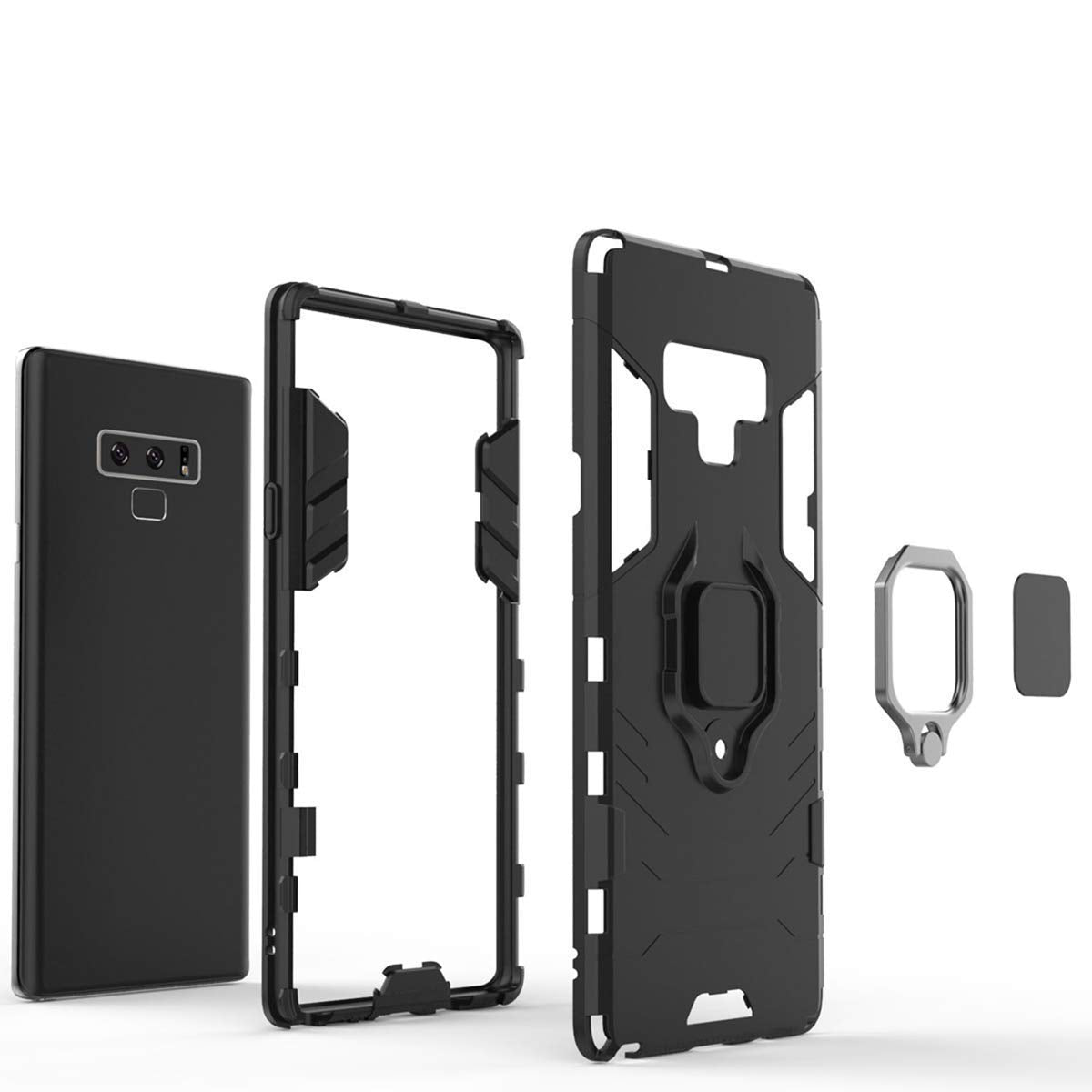 Compatible con Galaxy Note 9 Funda, Anillo Metálico Sujeción Soporte Antichoque Rígido Caja (Funciona con el Montaje de Coche Magnético) Doble Capa Sólido Case Carcasa para Samsung Galaxy Note 9 (Negro)