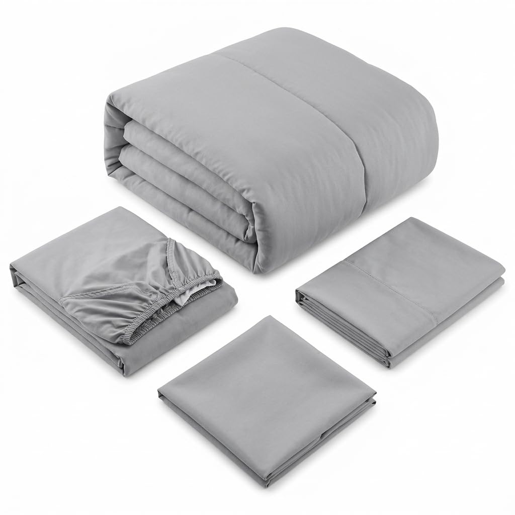 EVERYDAY KIDS - Juego de ropa de cama de 4 piezas para niños pequeños, incluye edredón, sábana encimera, sábana bajera y funda de almohada, color gris liso