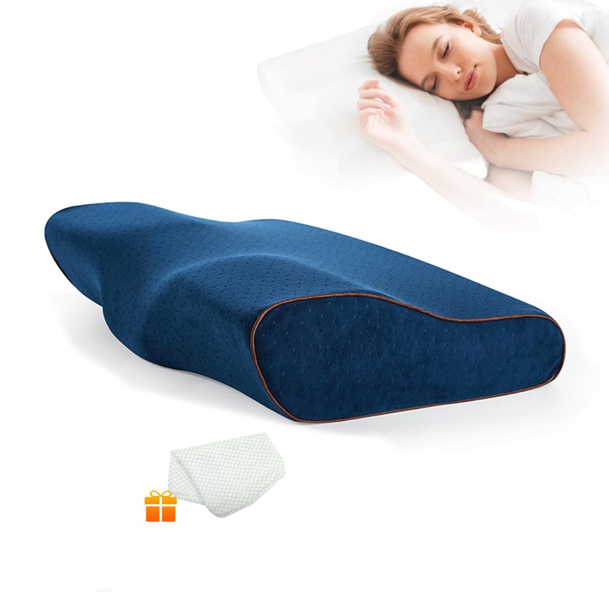 HOOSUFU Almohada Cervical de Memory Foam Almohada Ortopédica para Aliviar el Dolor en el Cuello y Los Hombros Funda Lavable Almohada viscoelástica Azul,Funda de Almohada Blanca