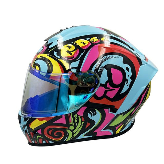 Casco Motocicleta Integral Marca - Edge - Frankie - Full Face - Certificado Dot - Moto Cascos de para Guantes Funda (Graffiti Azul, M)