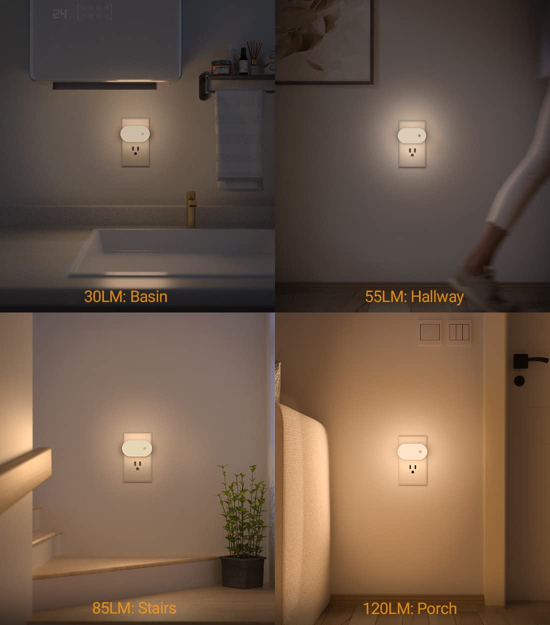 LYRIDZ - Luz nocturna con sensor de movimiento, luz nocturna inteligente de 1 a 120 lm, luz blanca cálida LED con brillo ajustable continuo para dormitorio, cocina, escaleras, pasillo, paquete de 4