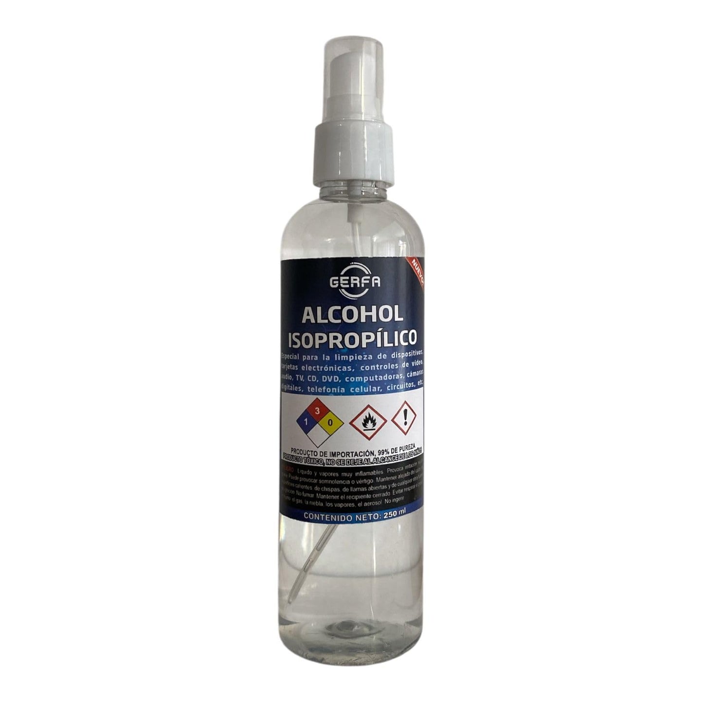 GERFA Alcohol Isopropílico 99% Puro 250ml | Limpieza Electrónica, Dispositivos, Lentes, Circuitos y Más | Evaporación Rápida y Libre de Residuos