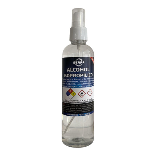 GERFA Alcohol Isopropílico 99% Puro 250ml | Limpieza Electrónica, Dispositivos, Lentes, Circuitos y Más | Evaporación Rápida y Libre de Residuos