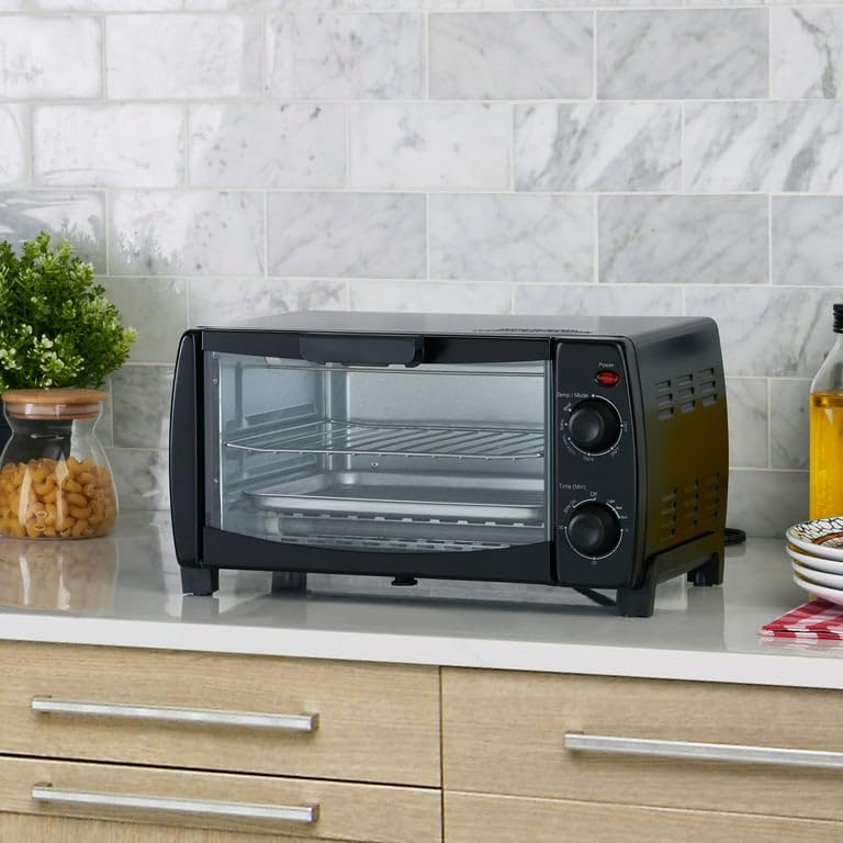 Dominion - Horno Tostador Encimera 4 Rebanadas, Diseño Retro Compacto, Multifunción con Temporizador de 30 Minutos, Hornear, Asar, Tostadas, 1000 Vatios, Capacidad de 2 Racks, Negro