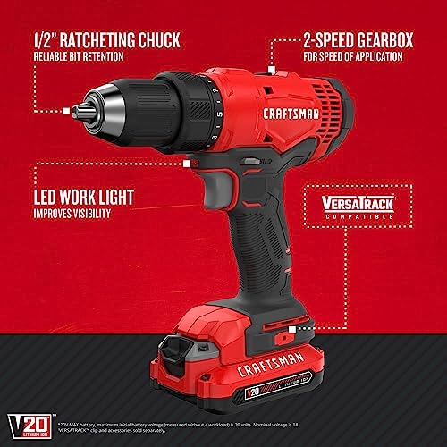 CRAFTSMAN Taladro Atornillador de 1/2 Pulgadas 20V Inalámbrico sin Carbones con 2 Baterías CMCD710C2