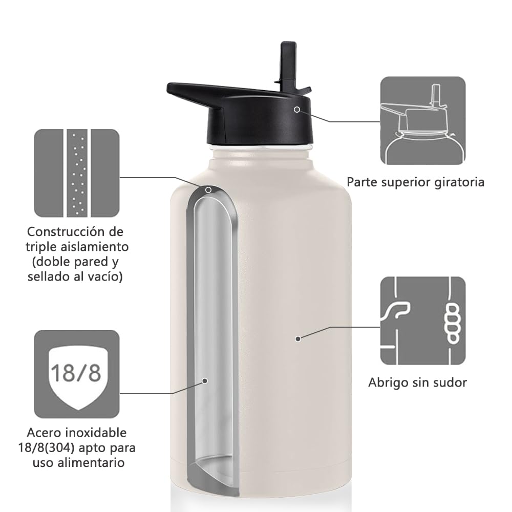 Free Wolf 64OZ Termo de Acero Inoxidable A Prueba de Fugas Con 3 Tapas y Asa, Doble Aislamiento Térmico para 24 Horas de Agua Fría y 12 Horas de Caliente