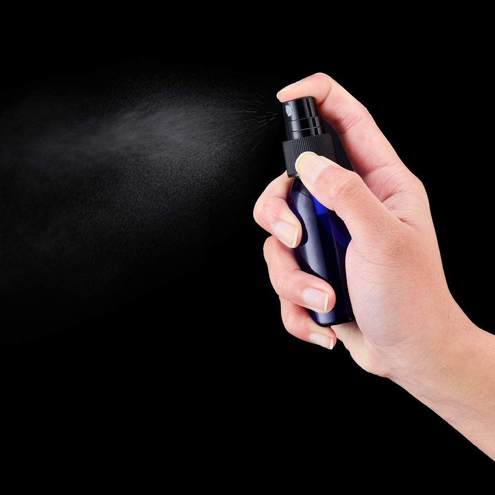 Paquete de 12 botellas de spray de plástico, 30 ml, pulverizadores vacíos y finos, atomizador de perfume de viaje para soluciones de limpieza (botellas de espray, negro + transparente), azul+transpa
