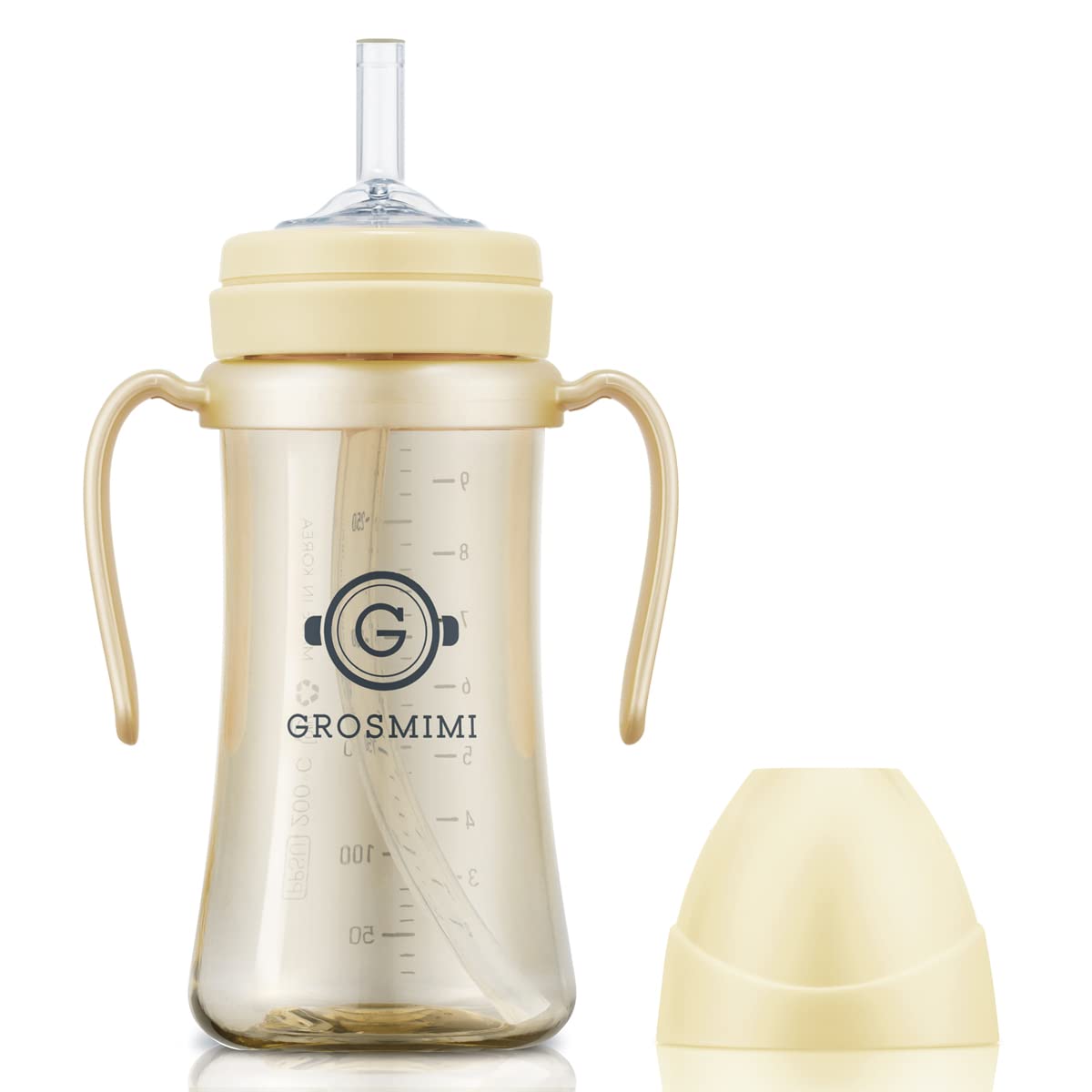GROSMIMI Taza de silicona a prueba de derrames con popote y asa para bebés y niños pequeños, personalizable, PPSU, libre de BPA 300 ml (Mantequilla)