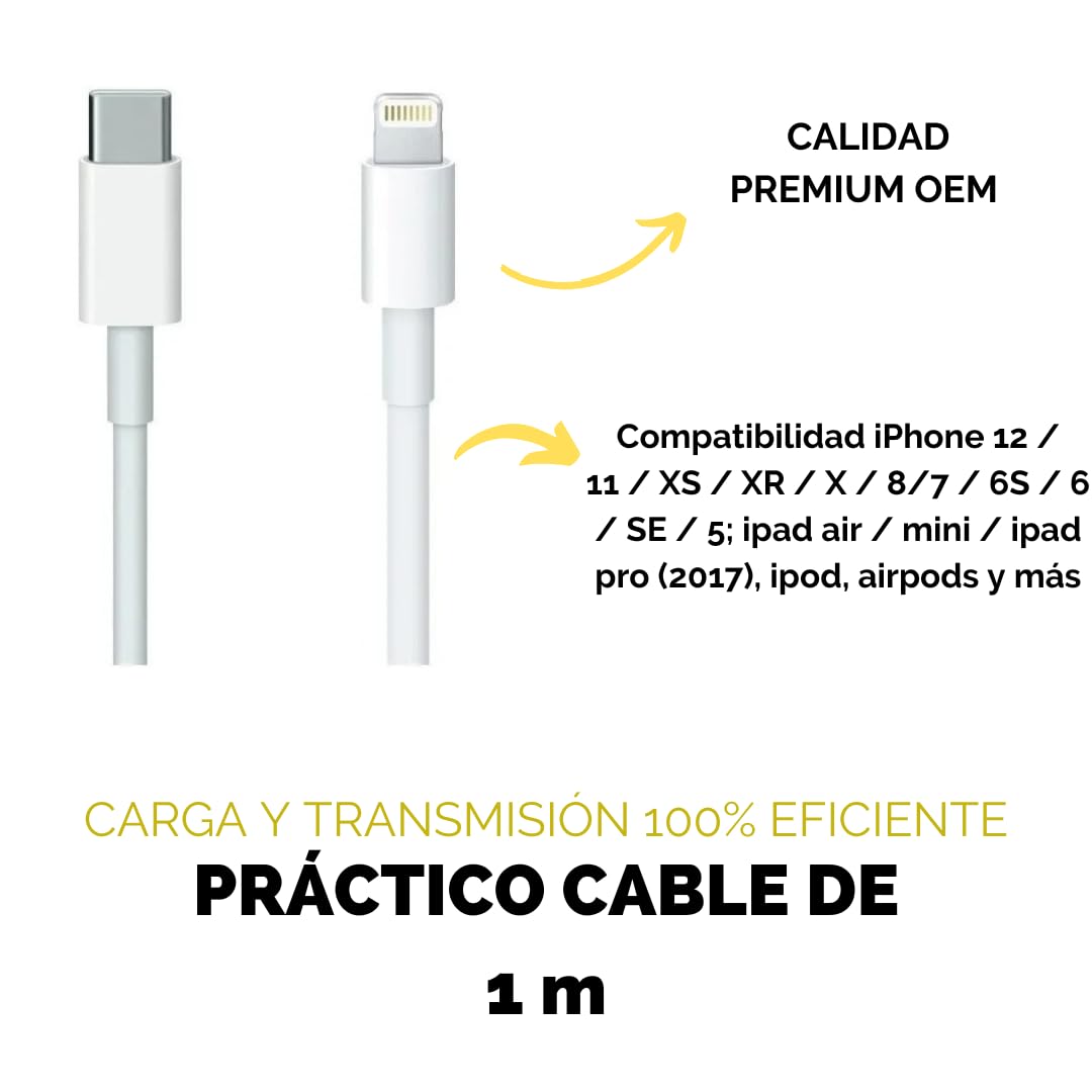 Cable para iPhone USB-C a Lightnin, largo 1 metro, Color Blanco Calidad Premium OEM, Compatible con iPhone 5 al 14, iPad, AirPods y pro - 1 Metro de Largo
