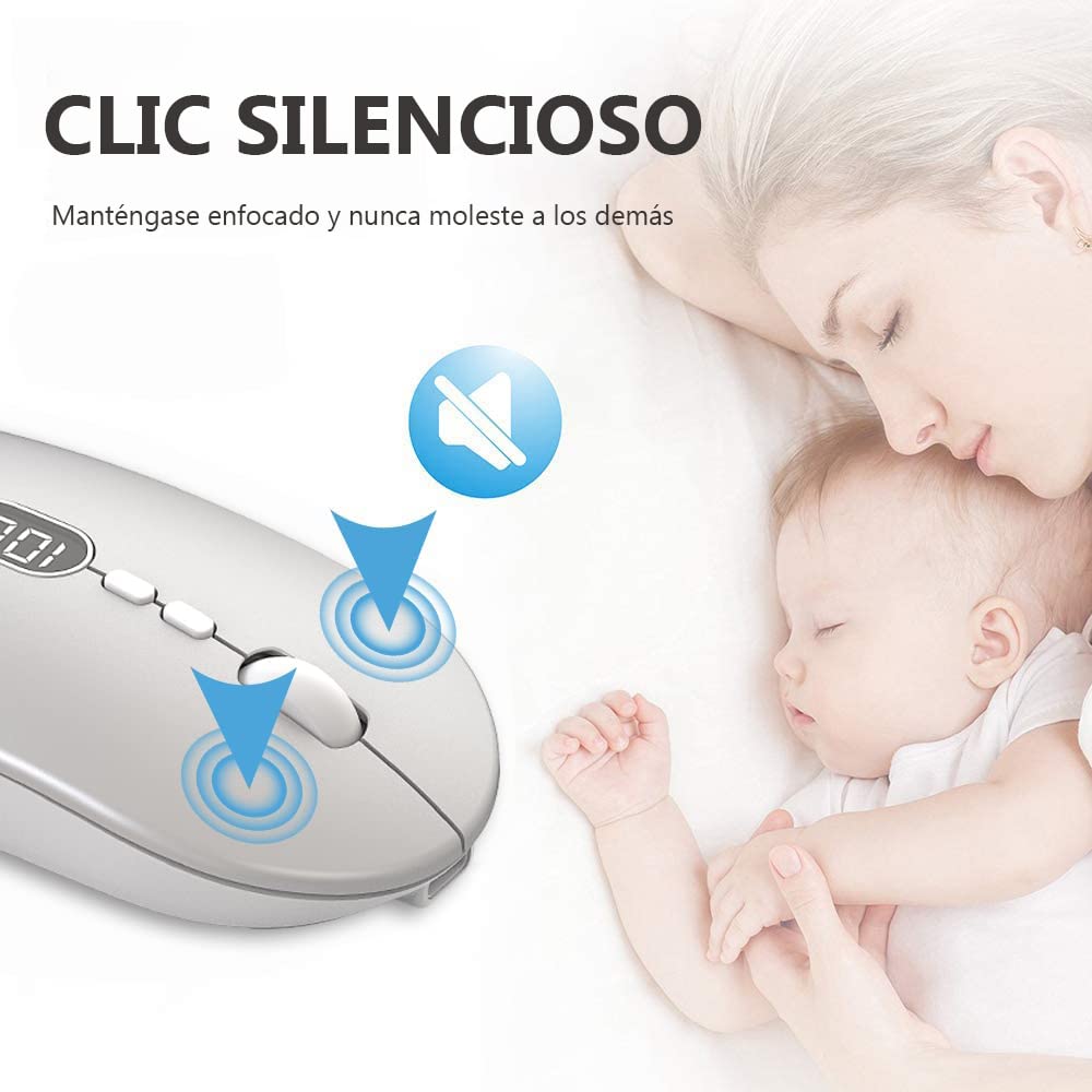 Free wolf X1 Mouse Inalámbrico con Pantalla de Batería, Wireless óptico Recargable 2.4 G Ergonómico Silencioso Click 800/1200/1600 Ajustable dpi Ratón para Computadora,Portátil,PC,Mac (Plata)