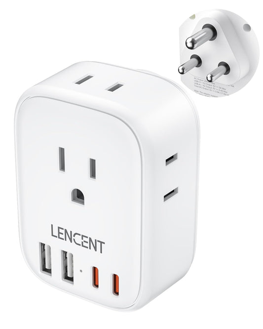 LENCENT Adaptador de Corriente India, Adaptador de Enchufe con 4 Tomas CA, Cargador Tipo D con 2 Puertos USB A y 2 Puertos USB C, Convertidor Enchufe de EE.UU. a Nepal Bangladesh Maldivas Pakistán