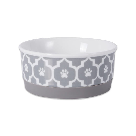 DII Bone Dry Lattice Ceramic Small Pet Bowl For Food & Water, 4.25" Dia x 2"H, With Non-Skid Silicone Rim for Dogs and Cats-Gray