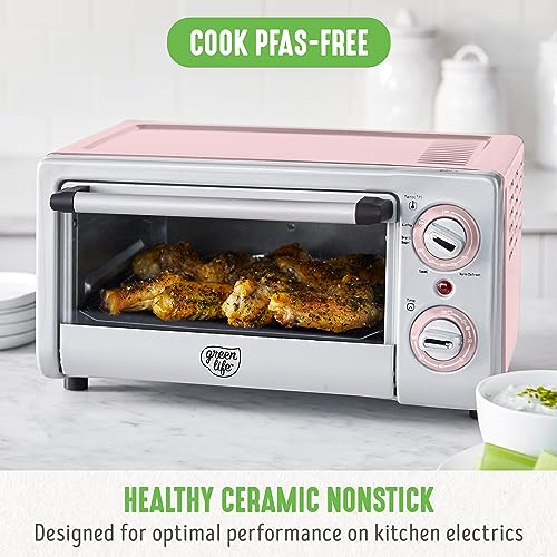 GreenLife - Freidora de aire para horno tostador de encimera de acero inoxidable, antiadherente de cerámica saludable, última intervensión de PFAS y PFOA, bandeja y cesta, hornear, asar, recalentar,