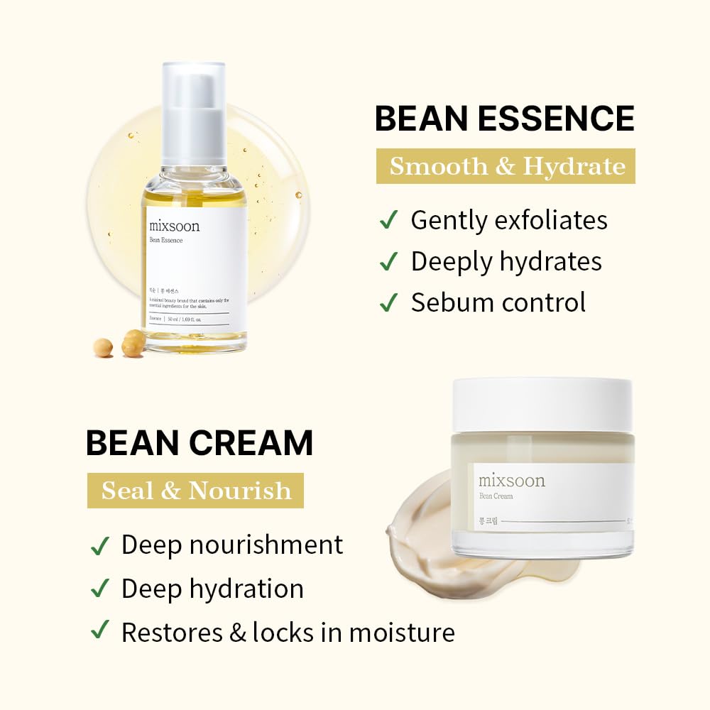 mixsoon Set De Crema De Frijoles Y Esencia De Frijoles - Set Especial Para Cuidado Profundo De Los Poros Y Sebo Para Piel Dura Textuerda, Colección De Frijoles (1.69 Fl Oz/50Ml +1.69