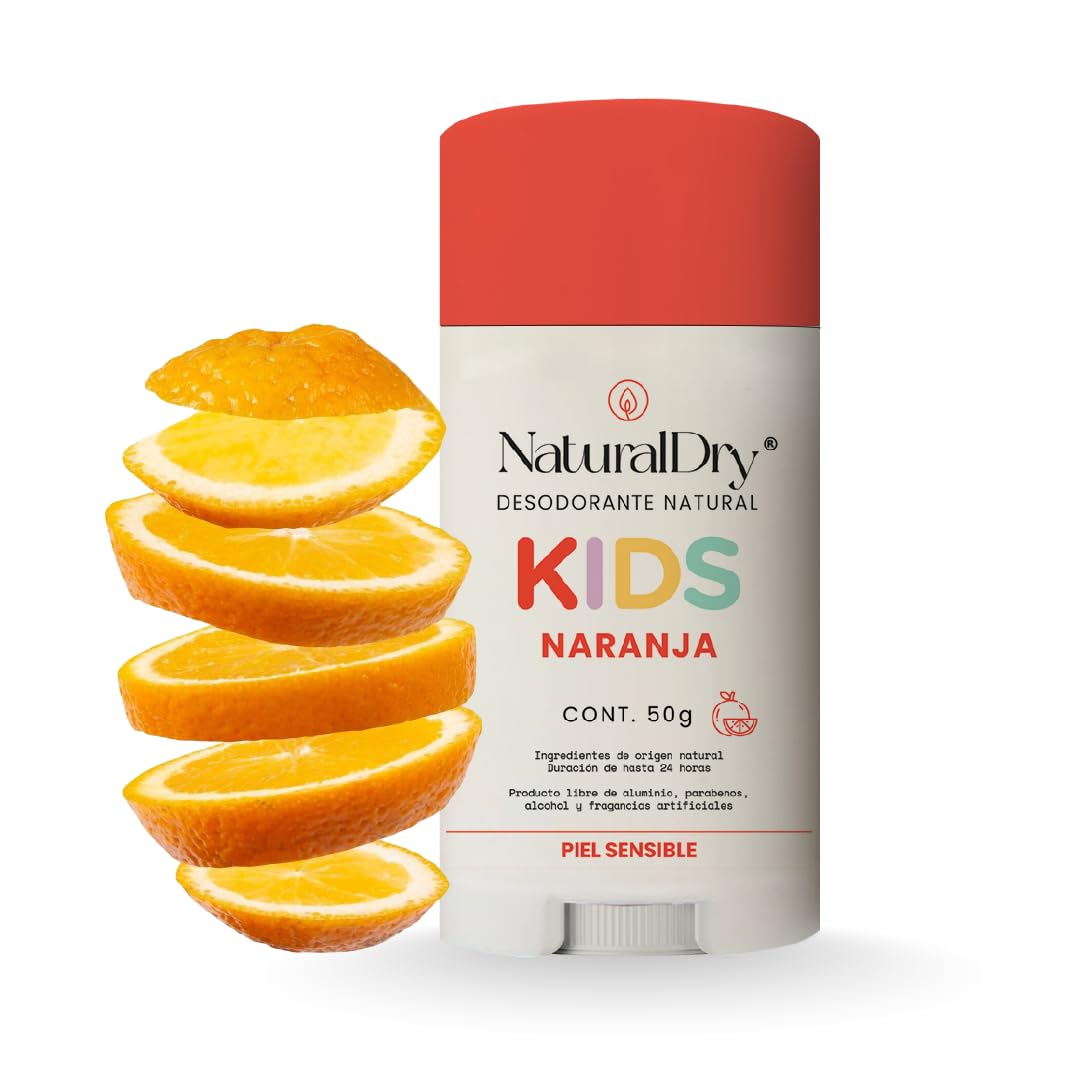 NaturalDry - Pack 4 Kids Piel Sensible- Desodorante SIN Bicarbonato de Sodio - Natural para niños - No obstruye los poros - Elimina el mal olor - SIN ALUMINIO - Sin parabenos - Aroma Naranja- en barra (4 unidades)