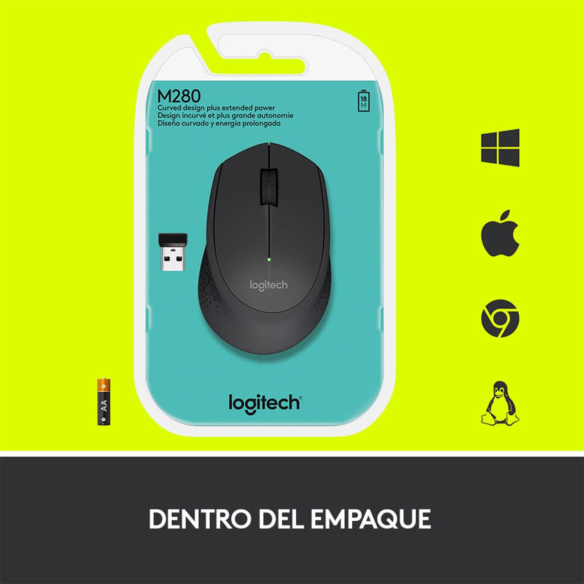 Logitech M280 Mouse Inalámbrico, 2.4 GHz, Nano Receptor USB, Seguimiento Óptico, Resolución 1000 dpi, 3 botones, Batería de 18 Meses, Compatible con PC, Mac, Laptop, Chromebook - Negro