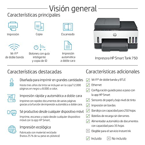 HP Impresora Multifuncional Smart Tank 750, Tinta Continua, Color, Wi-Fi, USB, Bluetooth, Dúplex (Doble Cara) & ADF Alimentador Automático, Impresión, escaneo, copiado (6UU47A)