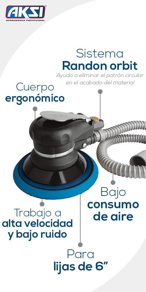 LIJADORA ORBITAL NEUMÁTICA - AKSI - Con una velocidad de 20,000 RPM - 90/115 PSI entrada de aire 1/4" NPT peso sin accesorios .3 kg (5" SEMI PRO)
