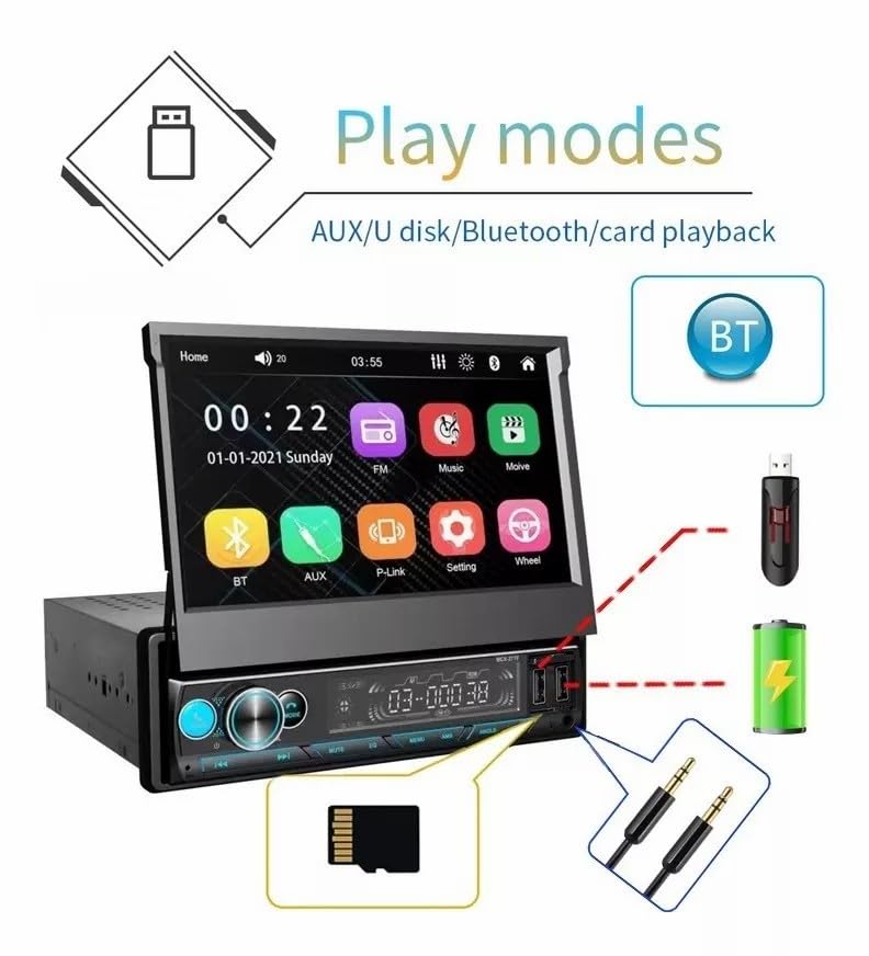 FINYQBE Tautoestereos para Carro 7 Car Stereo Retráctil Espejo Enlace 1din Reproductor MP5, USB, SD, Entrada Auxiliar, Radio FM, Cámara de Visión Trasera