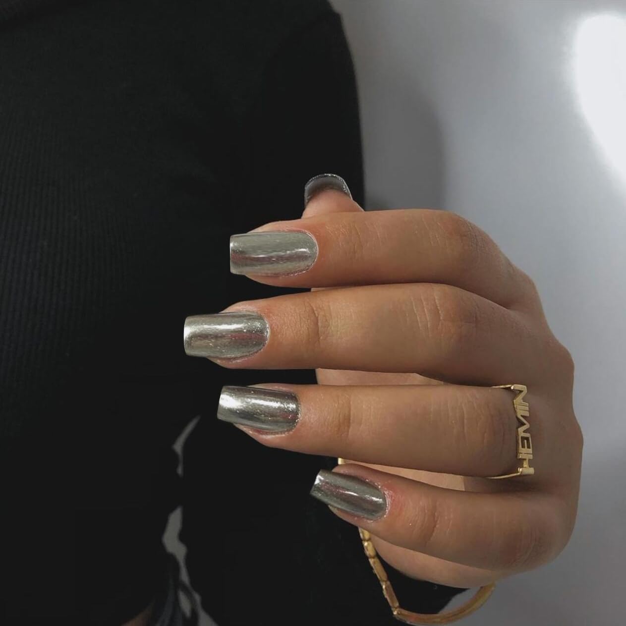 SXVME Uñas Postizas De Metal Plateado Con Efecto Espejo, Medianas, Cortas, Cuadradas, Cromadas Y Esmaltadas, De Gel, Brillantes, Acrílicas, Reutilizables, Gruesas, Para Mujer, Con Pegamento, De Longit