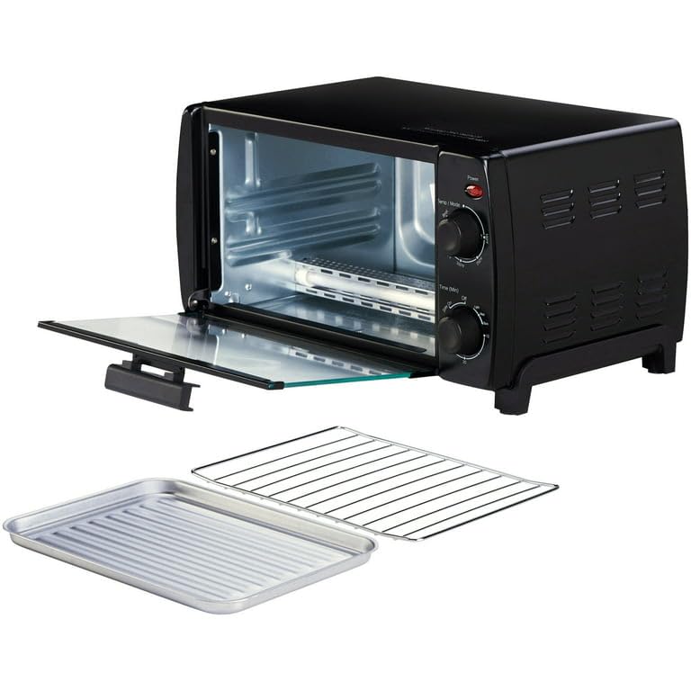 Dominion - Horno Tostador Encimera 4 Rebanadas, Diseño Retro Compacto, Multifunción con Temporizador de 30 Minutos, Hornear, Asar, Tostadas, 1000 Vatios, Capacidad de 2 Racks, Negro