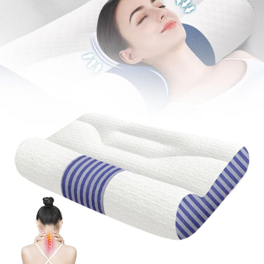 Almohada Cervical de Plumón de Ganso, Almohada de Apoyo Cervical Ergonómica para Mejorar el Sueño, 2 en 1 Que Alivia el Dolor de Cuello y Brinda Soporte Contorneado para Personas (Azul a rayas, L)