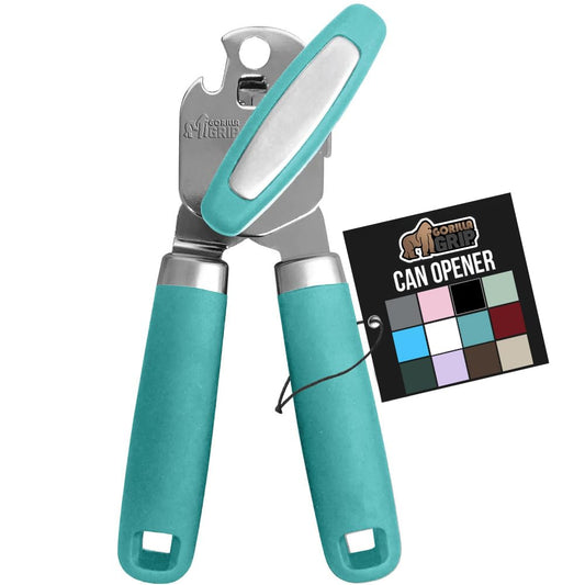 Gorilla Grip Abrelatas manual de mano de acero inoxidable resistente con borde liso con mango suave al tacto, a prueba de óxido, perilla de mano fácil giro, el mejor abridor de tapa grande para cocina, turquesa