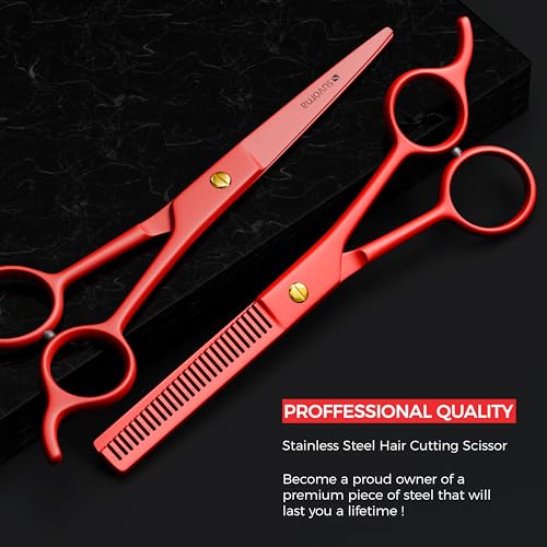 Suvorna Juego de tijeras de corte de pelo de 6,5 pulgadas con tijeras de adelgazamiento para peluqueros, peluqueros, uso doméstico - Juego de tijeras de pelo para adelgazar y cortar (rojo)