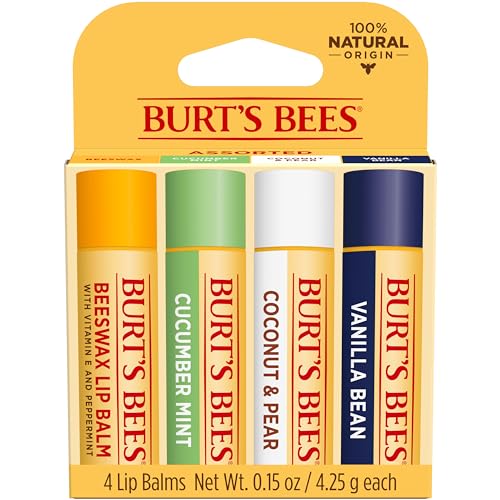 Burt's Bees - Bálsamo labial de cera de abejas, menta, pepino, coco y pera y vainilla, con cera de abejas de origen responsable, sin tinte, tratamiento labial de origen natural, 4 tubos, 0.25 onzas