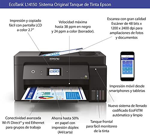 Epson Multifuncional Ecotank L14150 Duplex, Tanque de Tinta a Color para Negocio con ADF para Formato Ancho, Wi-Fi Direct - Ethernet, Fax