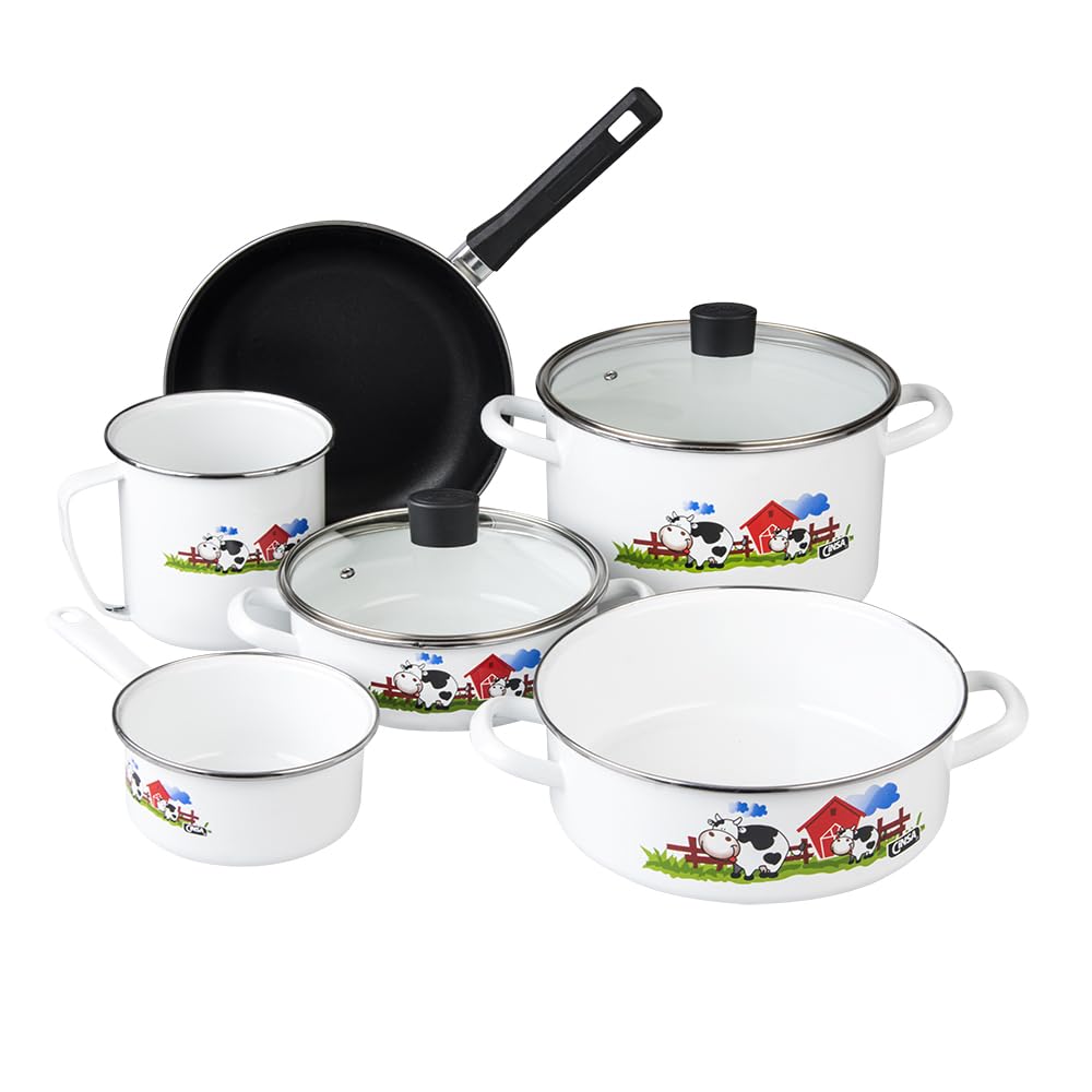 Cinsa Bateria de cocina Terranova Vaquitas en el corral, 9 piezas, Acero Vitrificado Novacero, Blanco con decorado de vacas