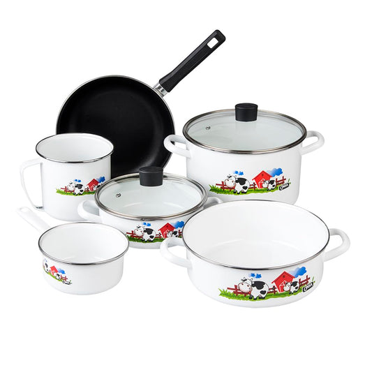 Cinsa Bateria de cocina Terranova Vaquitas en el corral, 9 piezas, Acero Vitrificado Novacero, Blanco con decorado de vacas