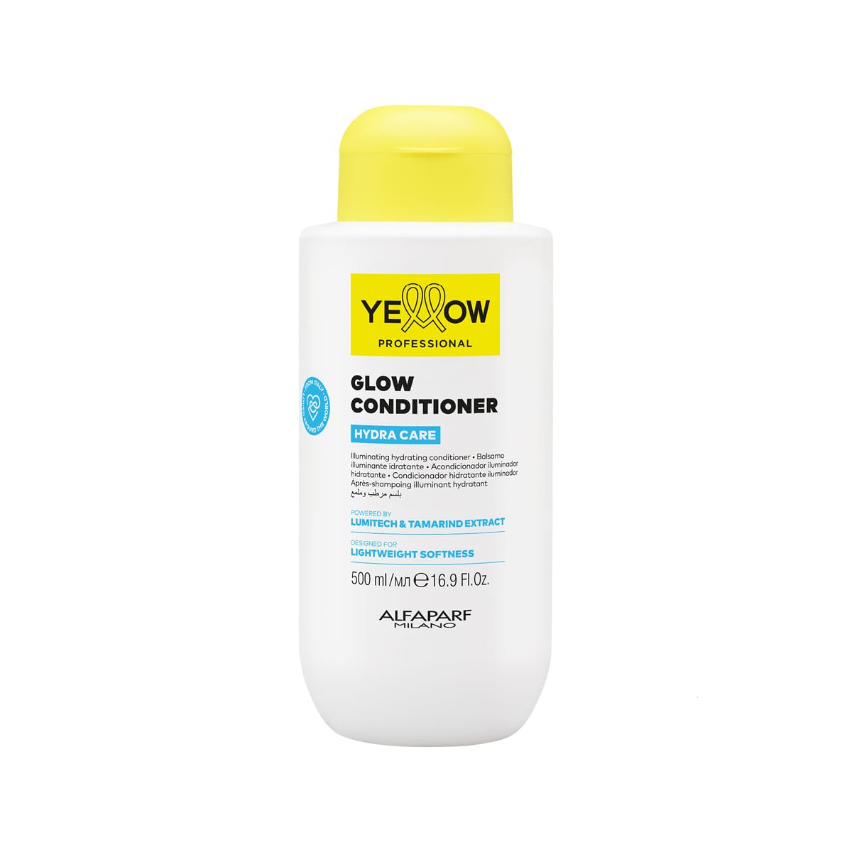 "YELLOW PROFESSIONAL HYDRA CARE GLOW CONDITIONER 500 ml Acondicionador iluminador hidratante para todo tipo de cabello POTENCIADO CON LUMITECH & TAMARIND EXTRACT CONCEBIDO PARA SUAVIDAD LIGERA"