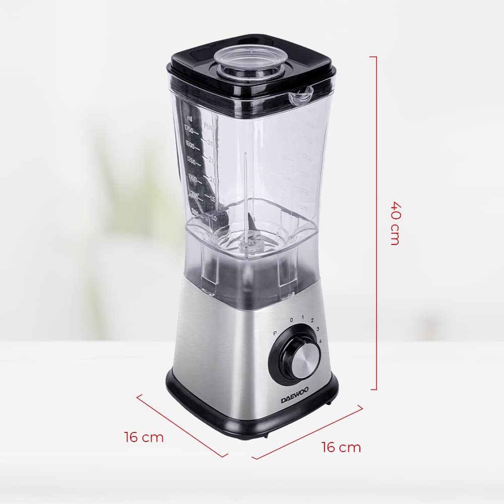DAEWOO DBL-849, Licuadora de 4 velocidades Daewoo, 1.75 L, con orificio de goteo y vaso medidor, base de acero inoxidable, tritura hielos, motor 650W y base antideslizante, Negro