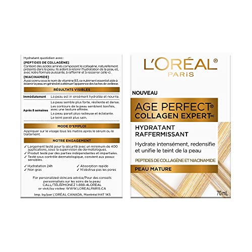 L'Oreal Paris Age Perfect Collagen Expert Anti-Aging Day Face Moisturizer AM, Collagen Peptides, Niacinamide, Age Perfect For Mature Skin, Suitable for sensitive skin, Dermatologist Tested, 2.5 oz