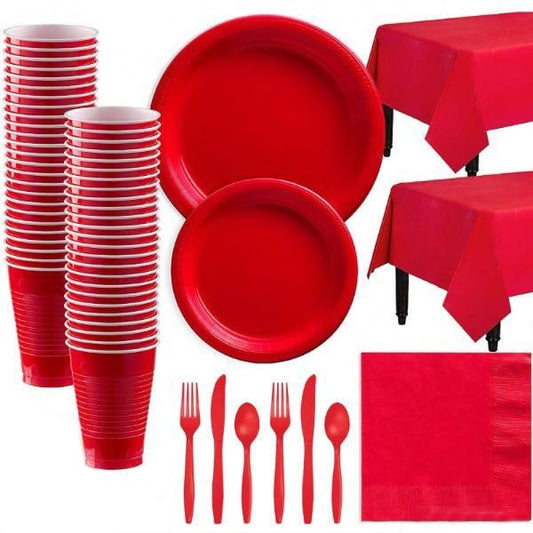 Juego de vajilla de fiesta, platos x 40, tazas x 20, servilletas x 20, cuchillos, tenedores y cucharas x 20, manteles 2 uds, Adecuado para bodas y fiestas de cumpleaños otras celebraciones (Rojo)