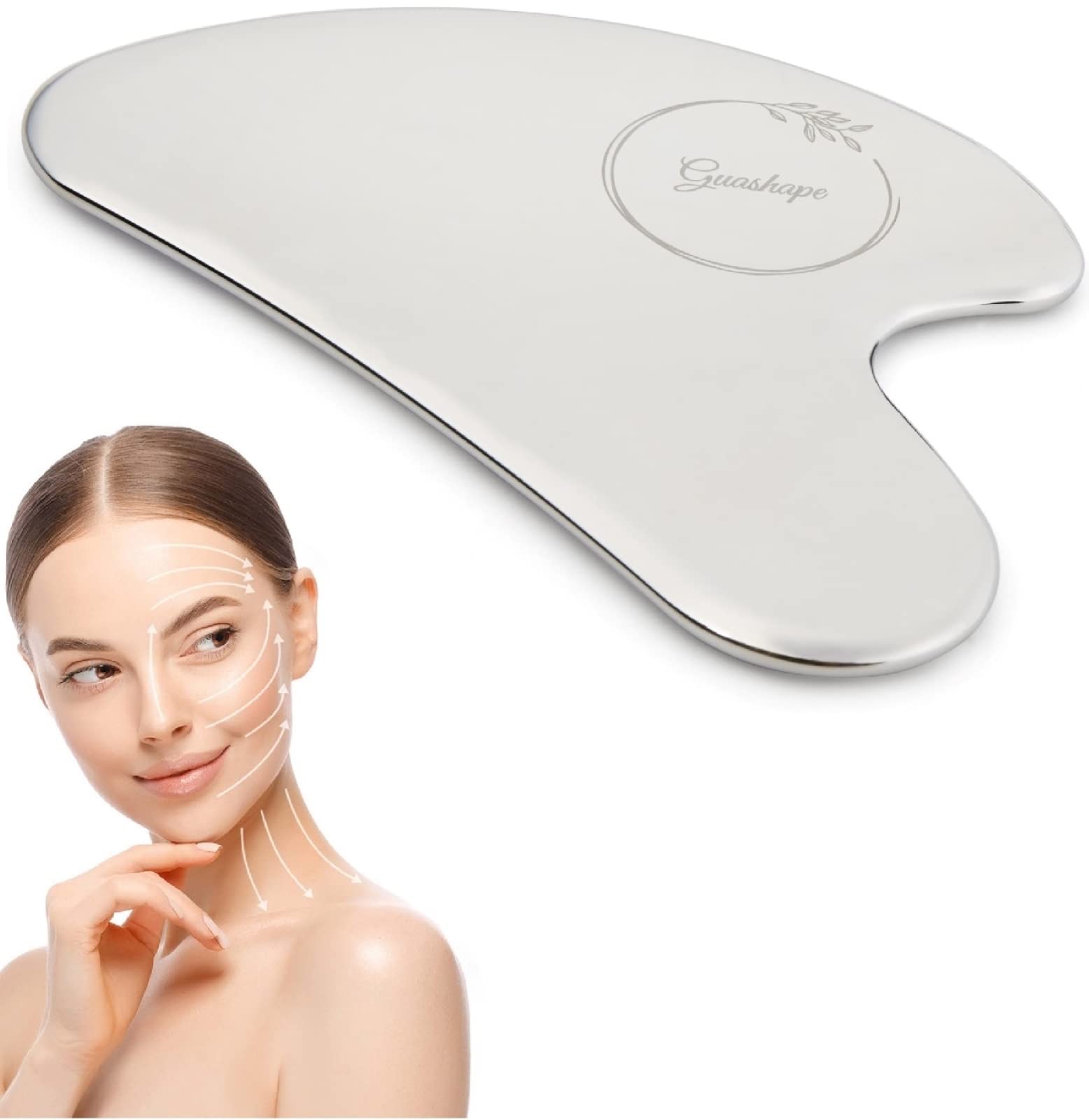 GUASHAPE Gua Sha - Herramientas faciales de acero inoxidable, herramienta Guasha para esculpir la cara, moldear, levantar, apretar, reducir la hinchazón, alivio de tensión, herramienta de masaje Gua Sha de metal para cara y cuerpo, color plateado