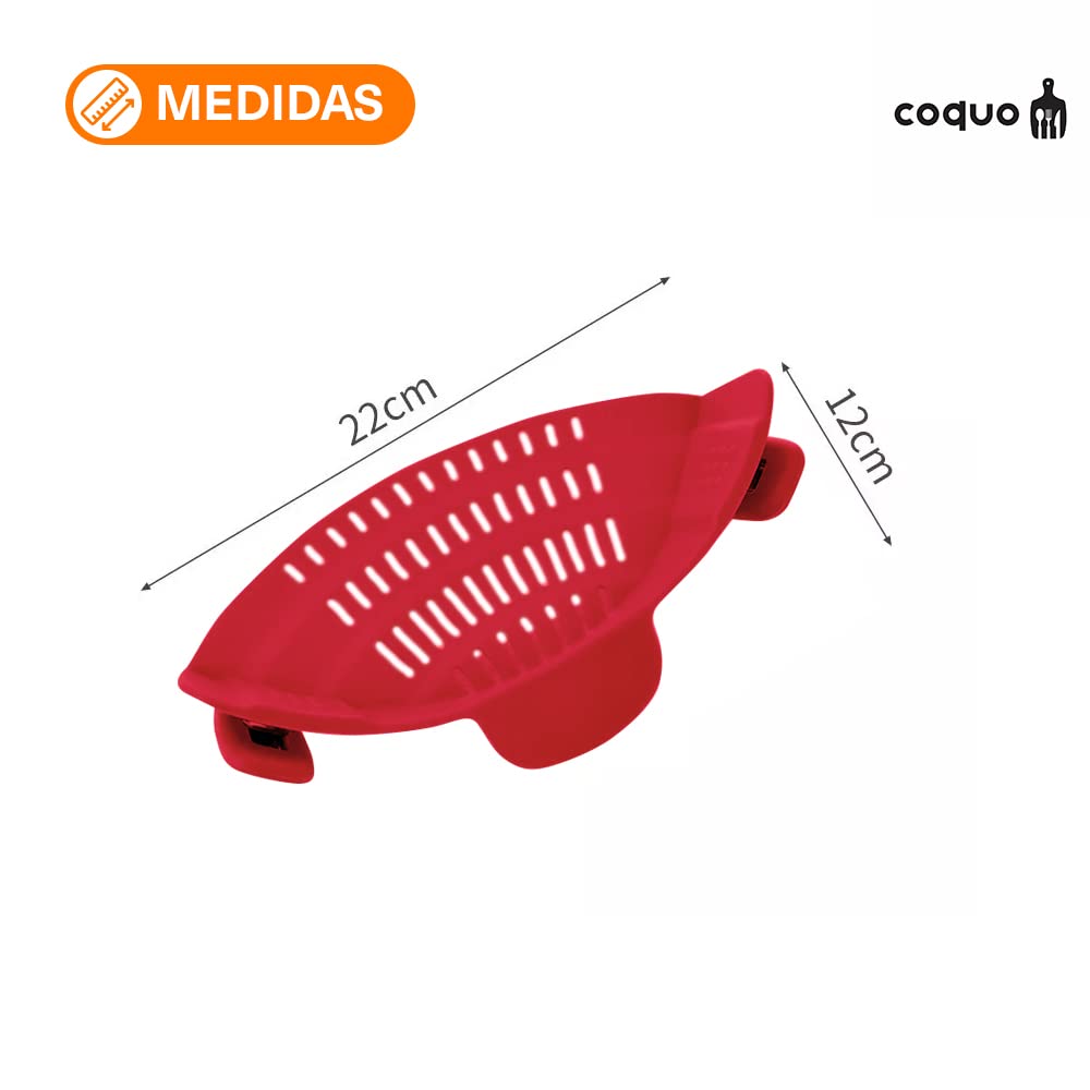 COQUO - Colador para Cocina con Clip - Ideal para cualquier Olla, Sartén y Contenedor de Cocina - Fácil de lavar y utilizar - Clip On Silicone Kitchen Colander (Rojo)