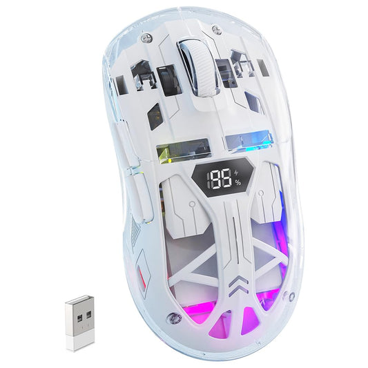 Free Wolf Mouse Inalámbrico A2, Bluetooth y 2.4GHZ Dual Modos, Ratón Recargable con Pantalla de Batería, 4000DPI Ajustable Transparente RGB Mouse Gamer