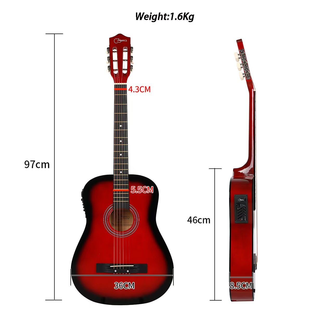 38 inch Electroacústica Guitarra Guitarra acustica con Afinadores,Correas,Cuerdas para Instrumentos,Plumillas,Cable amplificador guitarra,soul,Fundas para Guitarras 3/4 (Red)