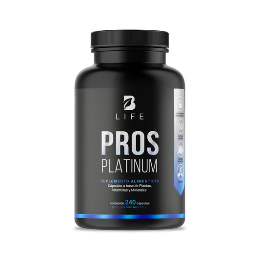 Fórmula de Ciruelo Africano, Selenio, Cúrcuma, Zinc, Semilla de Calabaza y D3. Ingredientes Naturales con 2000 mg por porción y 240 caps. Pros Platinum B Life.