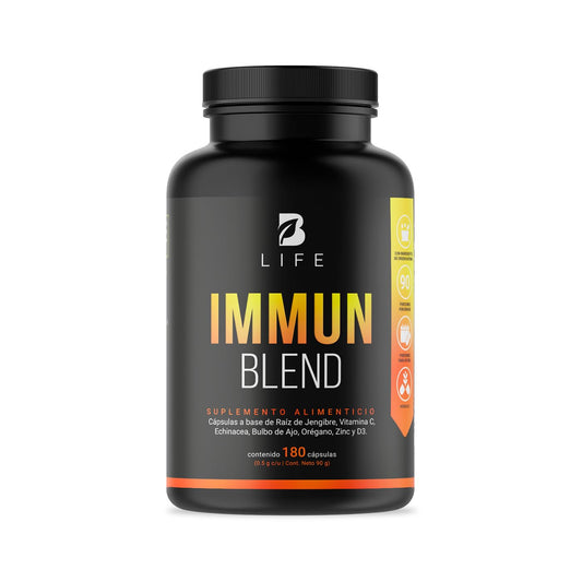 Immun Blend | 180 Cápsulas 1000 mg por porción | Jengibre, Vitamina C, D3, Zinc, Equinácea, Orégano y Ajo. Ingredientes naturales. Immun Blend B Life.