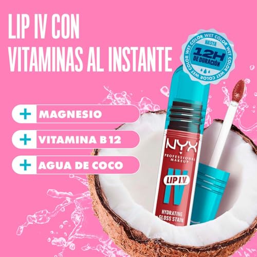 NYX Professional Makeup, LIP IV Gloss Serum Hidratante, Tono: Crnbry Splash. Tinta de Labios hidratante con alto pigmento infusionado con agua de coco y magnesio. Fórmula vegana.
