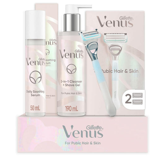 Gillette Venus Kit de aseo íntimo, maquinilla de afeitar para mujer, 2 recambios de cuchillas, limpiador 2 en 1, gel de afeitado de bikini y suero calmante diario